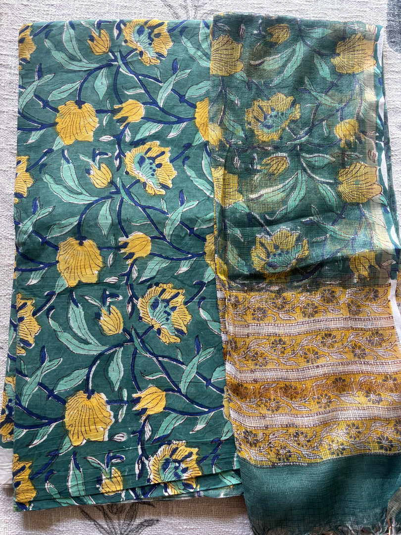 5 m handblock cotton fabric with Kota doria dupatta