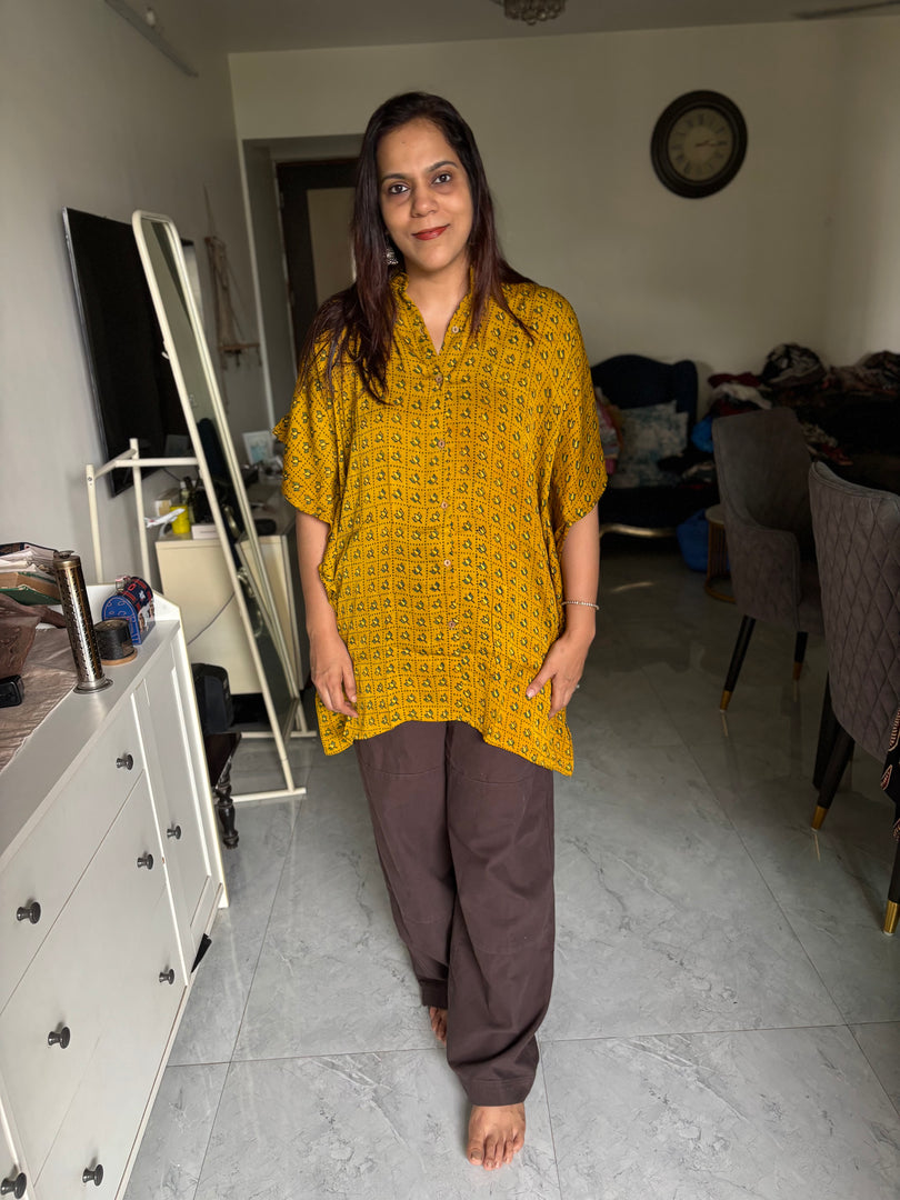 Modal silk handblocked ajrakh kaftan shirt