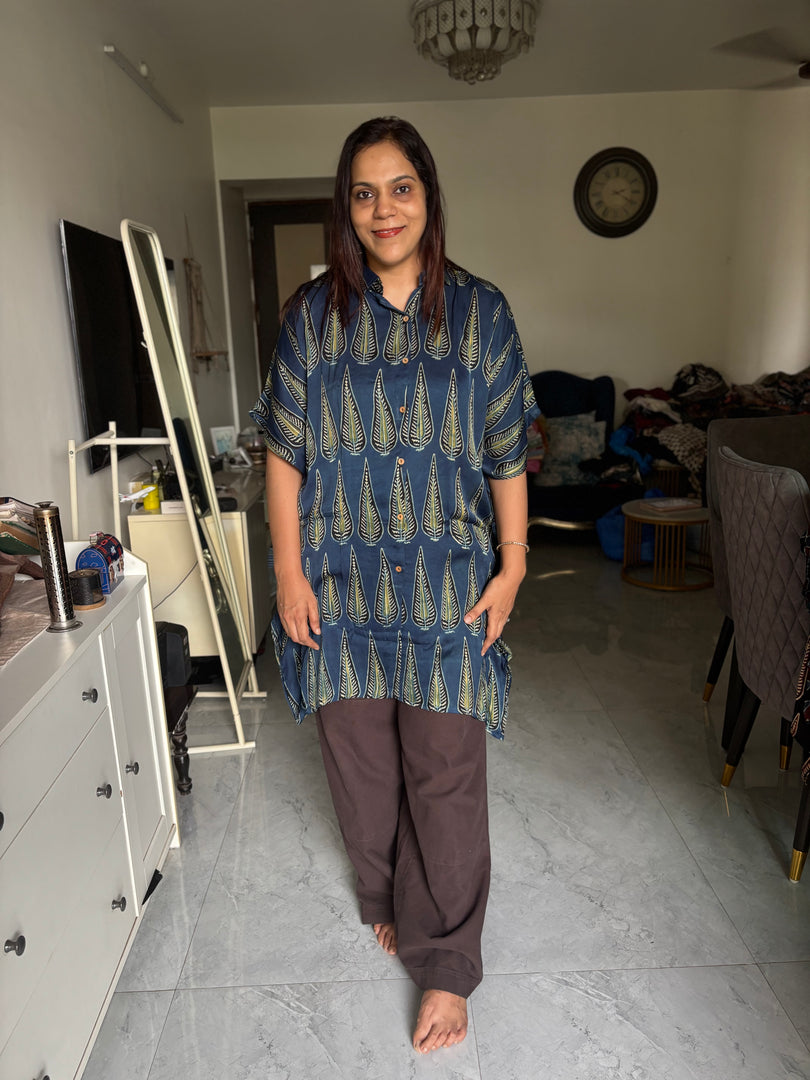 Modal silk handblocked ajrakh kaftan shirt