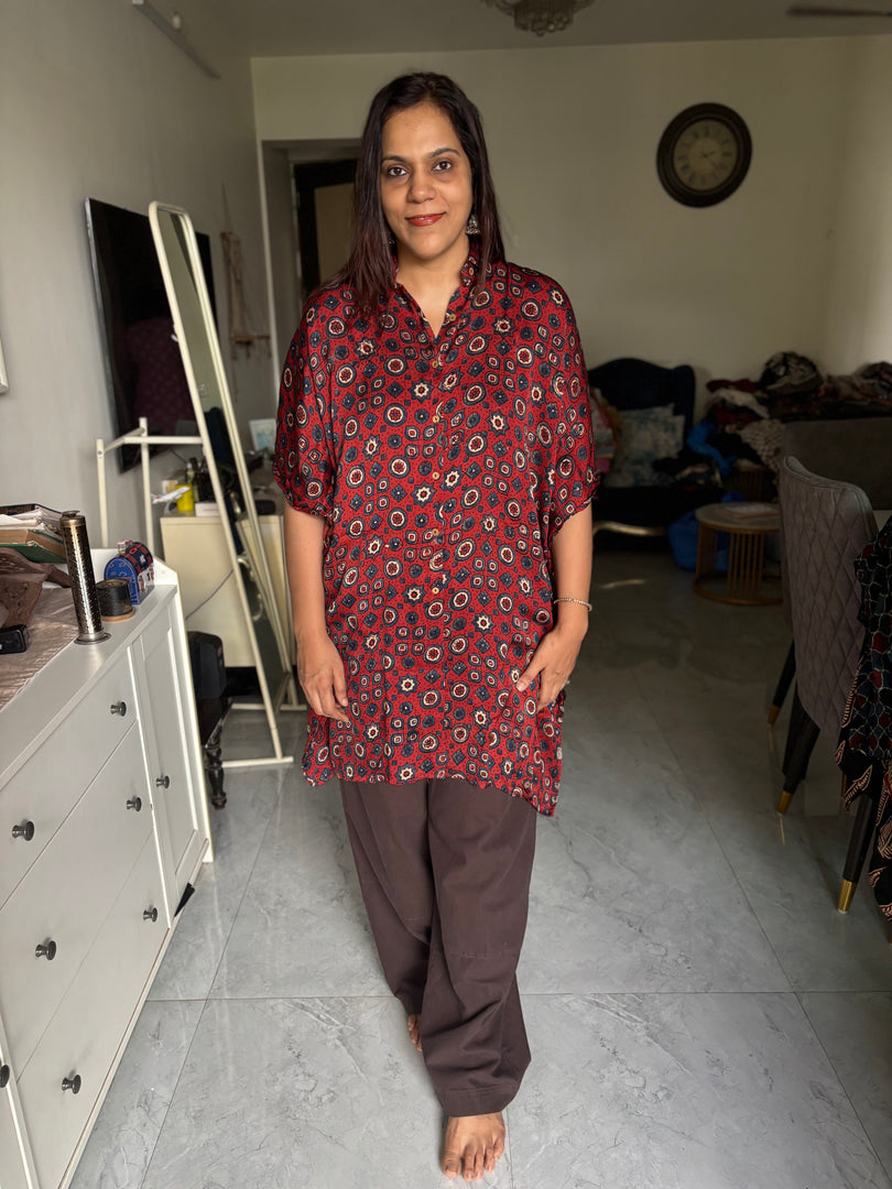 Modal silk handblocked ajrakh kaftan shirt