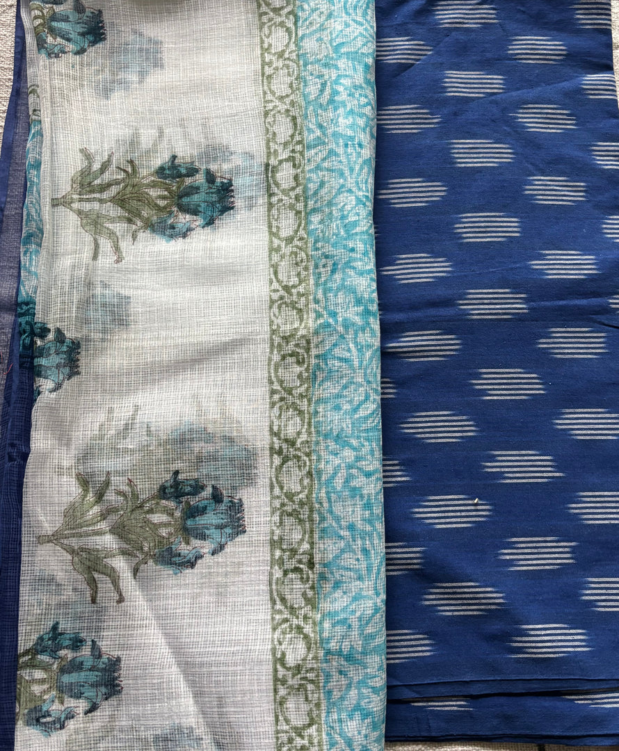 Pure Ikkat cotton top paired with handblocked Kota doria dupatta 2 piece set