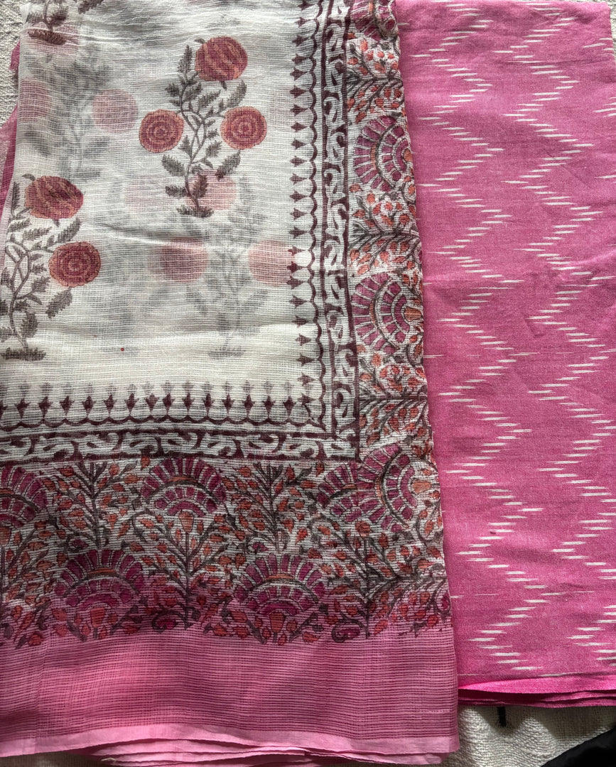 Pure Ikkat cotton top paired with handblocked Kota doria dupatta 2 piece set