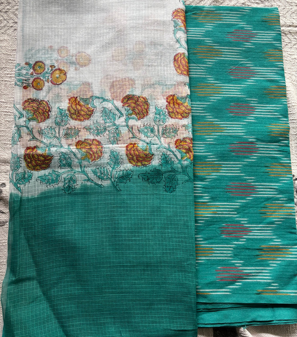 Pure Ikkat cotton top paired with handblocked Kota doria dupatta 2 piece set