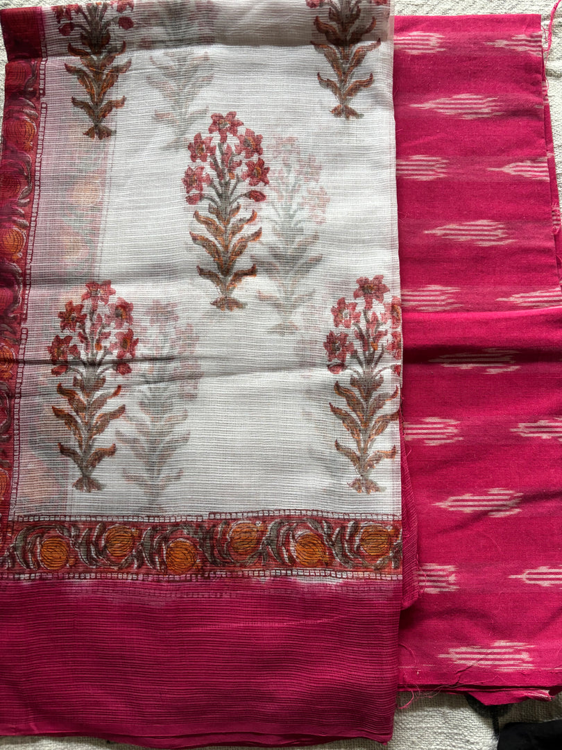 Pure Ikkat cotton top paired with handblocked Kota doria dupatta 2 piece set