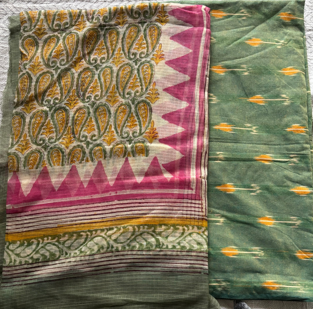 Pure Ikkat cotton top paired with handblocked Kota doria dupatta 2 piece set