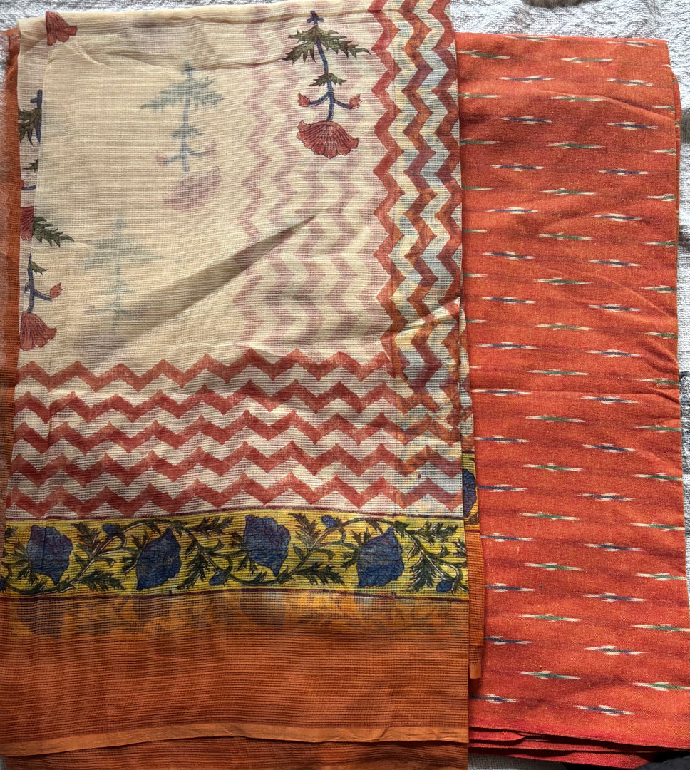 Pure Ikkat cotton top paired with handblocked Kota doria dupatta 2 piece set