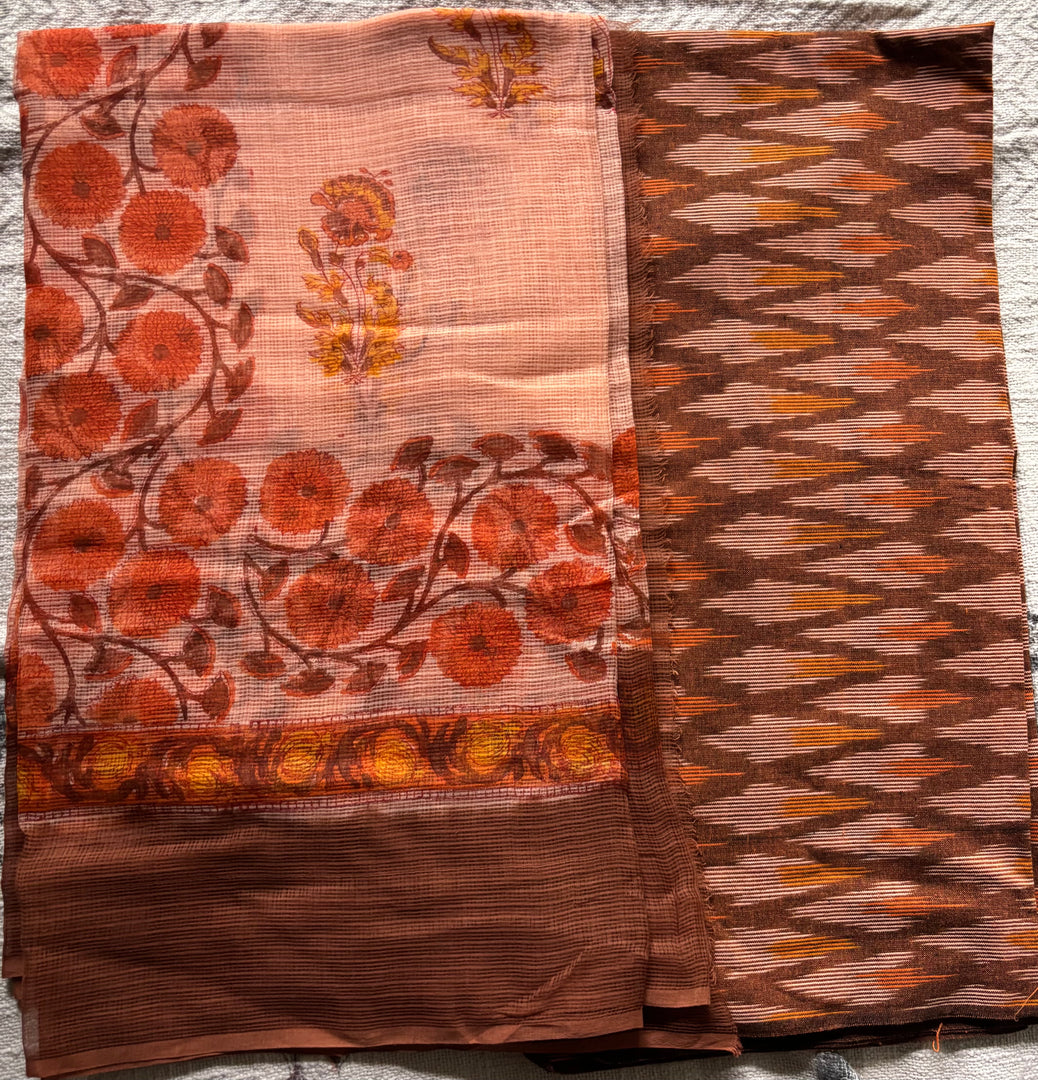 Pure Ikkat cotton top paired with handblocked Kota doria dupatta 2 piece set