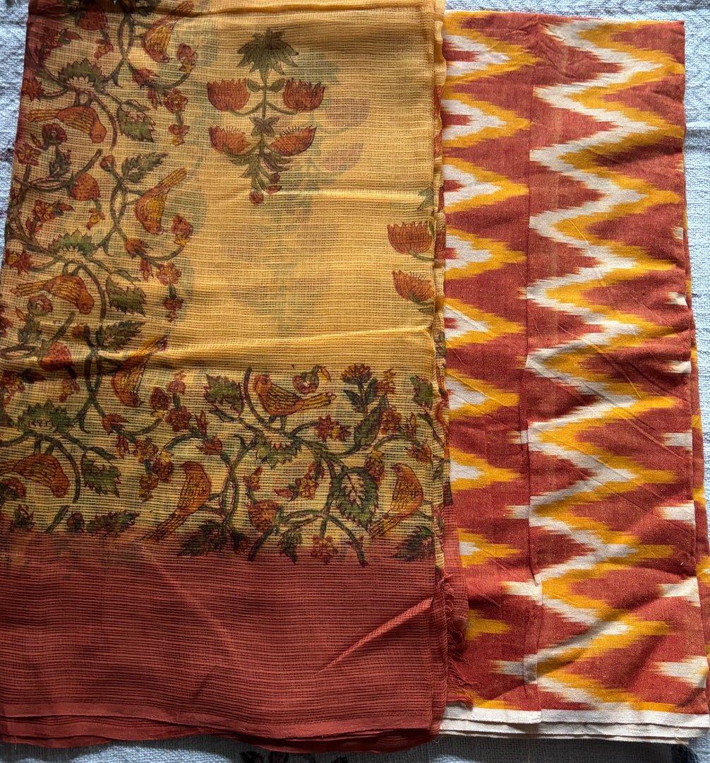Pure Ikkat cotton top paired with handblocked Kota doria dupatta 2 piece set