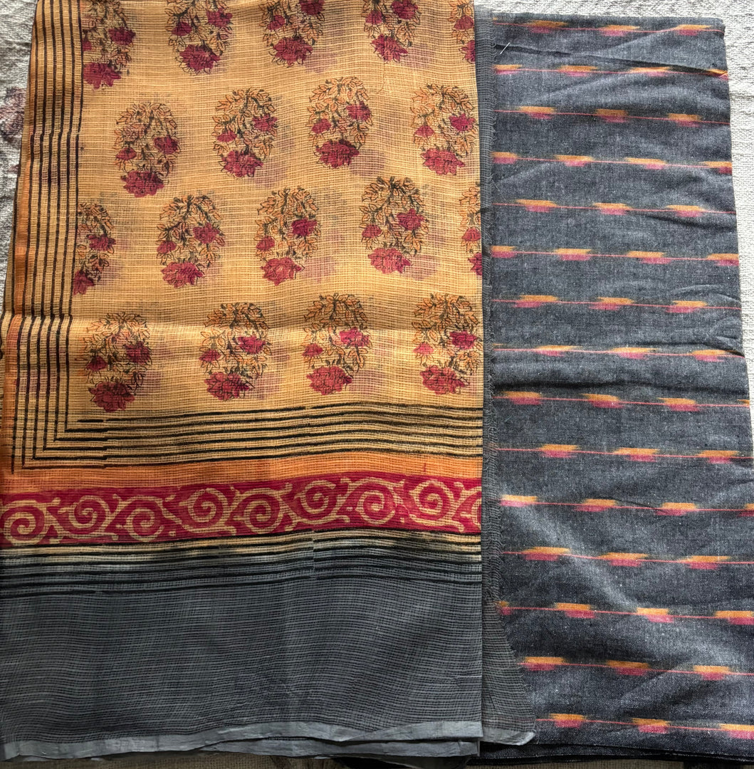 Pure Ikkat cotton top paired with handblocked Kota doria dupatta 2 piece set