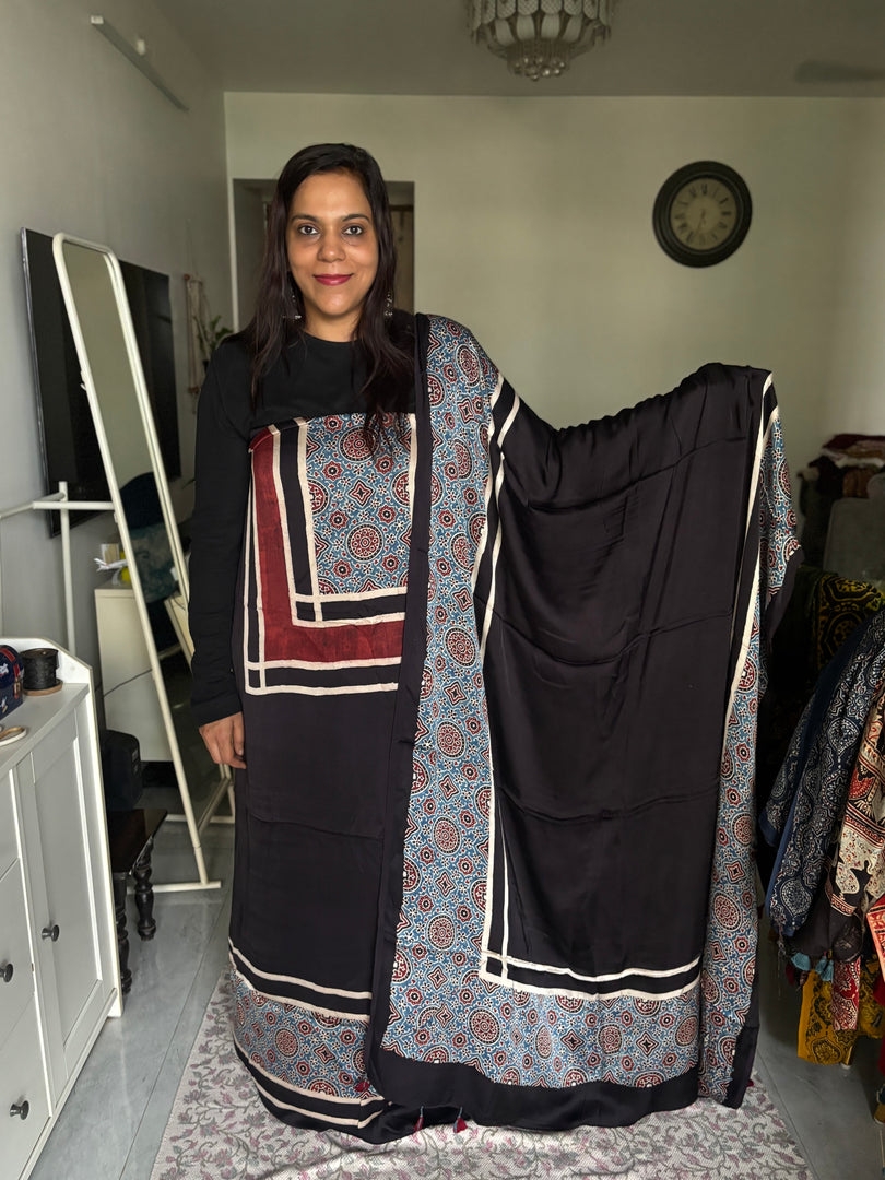Natural Dye Ajrakh Handblock Printed Modaal silk 2  Piece suit With Very Unique Patterns MF0061