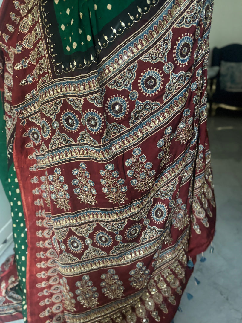 Handworked modal silk Bandhej ajrakh saree with blouse piece