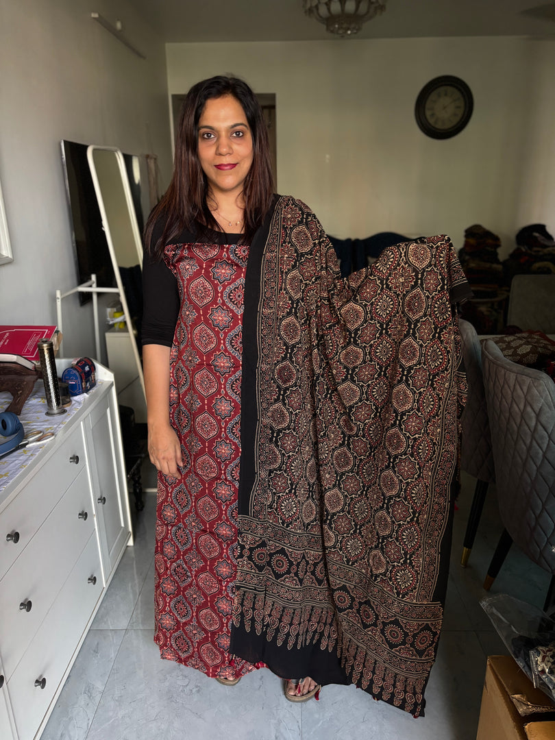 Natural Dye Ajrakh Handblocked Modaal silk Top with Georget ajrakh Duptta 2 Piece suit