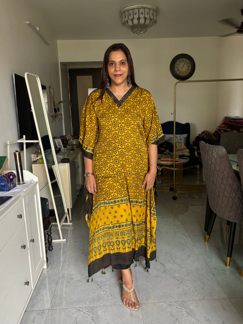 Modal silk natural dye Handblock ajrakh kaftan with mirror lace on neck