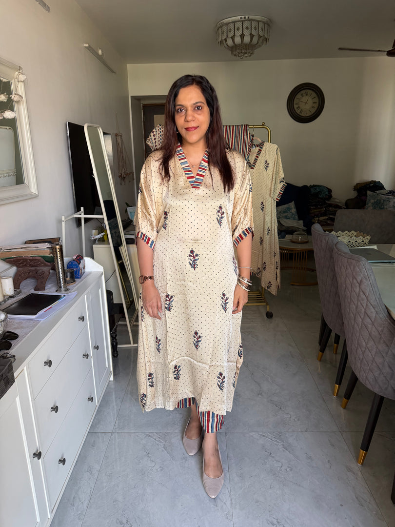 Natural dye modal silk ajrakh kaftan top with modal silk striped bottom