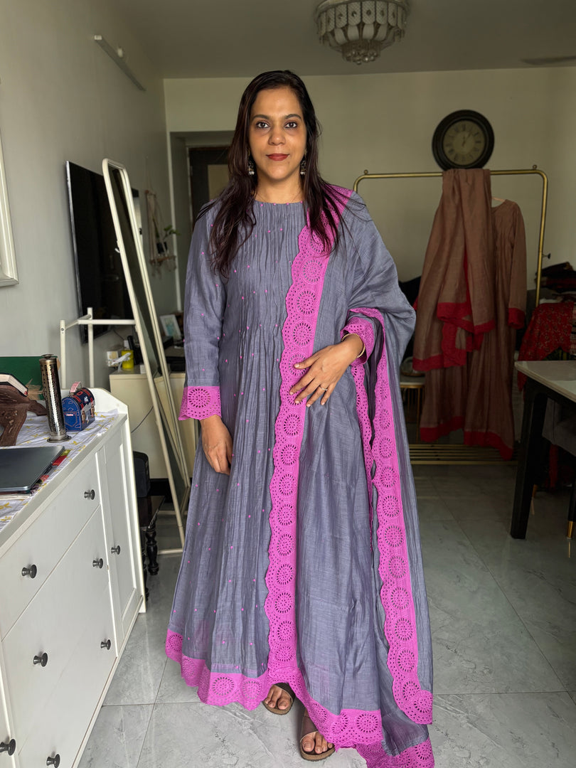 Pure mul Chanderi beads handworked anarkali top with lace detailing paired with mul Chanderi dupatta with lace all over