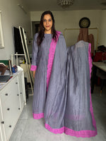 Load image into Gallery viewer, Pure mul Chanderi beads handworked anarkali top with lace detailing paired with mul Chanderi dupatta with lace all over
