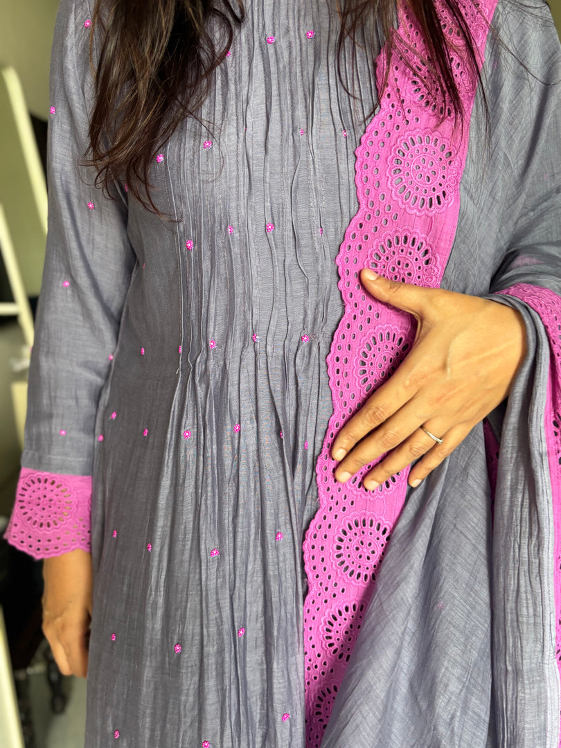 Pure mul Chanderi beads handworked anarkali top with lace detailing paired with mul Chanderi dupatta with lace all over