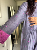 Load image into Gallery viewer, Pure mul Chanderi beads handworked anarkali top with lace detailing paired with mul Chanderi dupatta with lace all over

