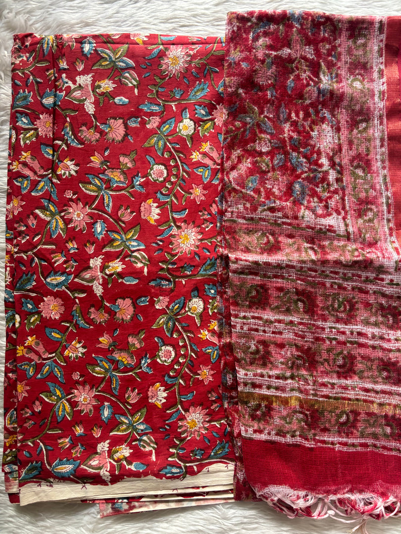 Pure cotton handblock 5 m fabric with Kota Doria dupatta