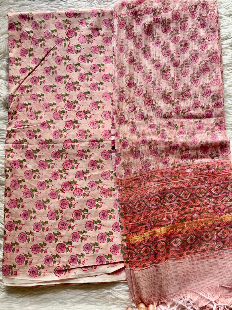 Pure cotton handblock 5 m fabric with Kota Doria dupatta