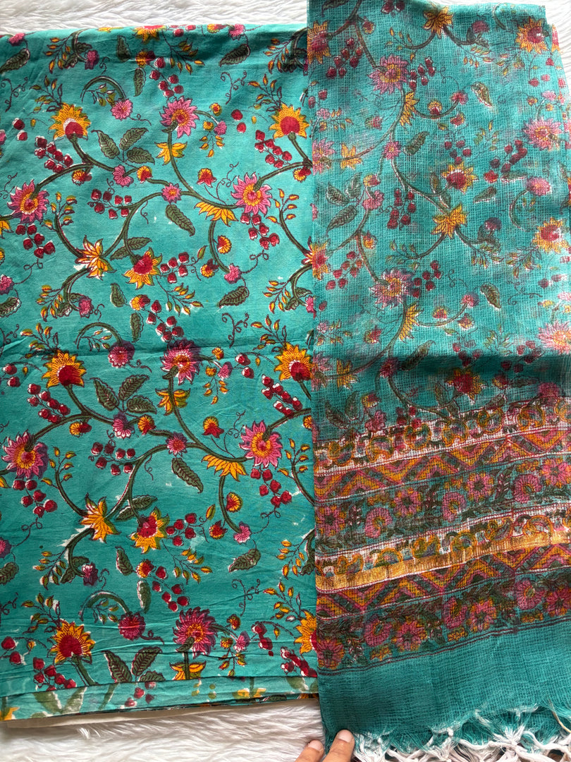 Pure cotton handblock 5 m fabric with Kota Doria dupatta