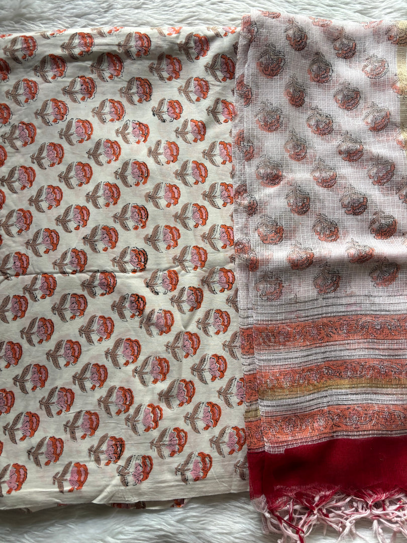 Pure cotton handblock 5 m fabric with Kota Doria dupatta