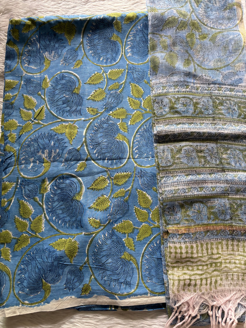 Pure cotton handblock 5 m fabric with Kota Doria dupatta
