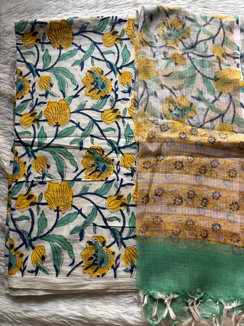 Pure cotton handblock 5 m fabric with Kota Doria dupatta