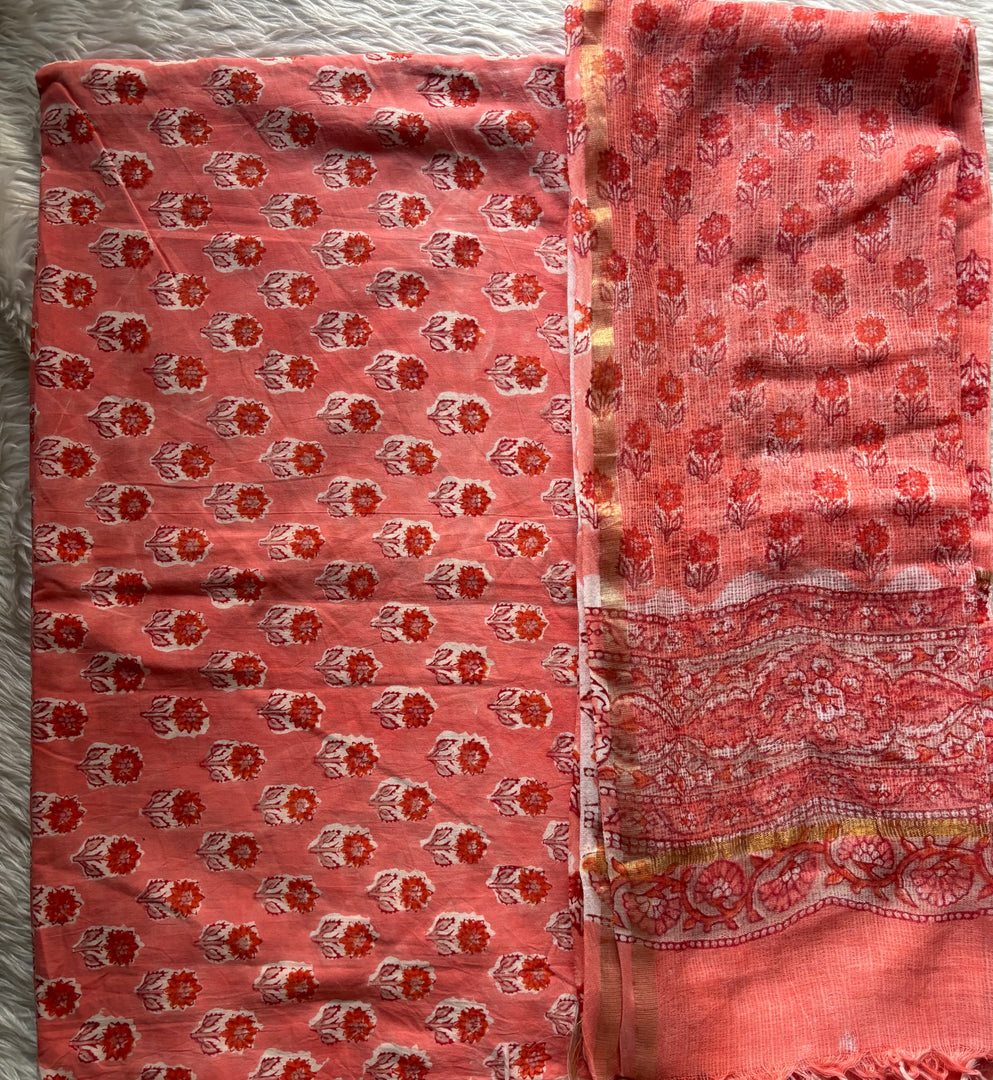 Pure cotton handblock 5 m fabric with Kota Doria dupatta
