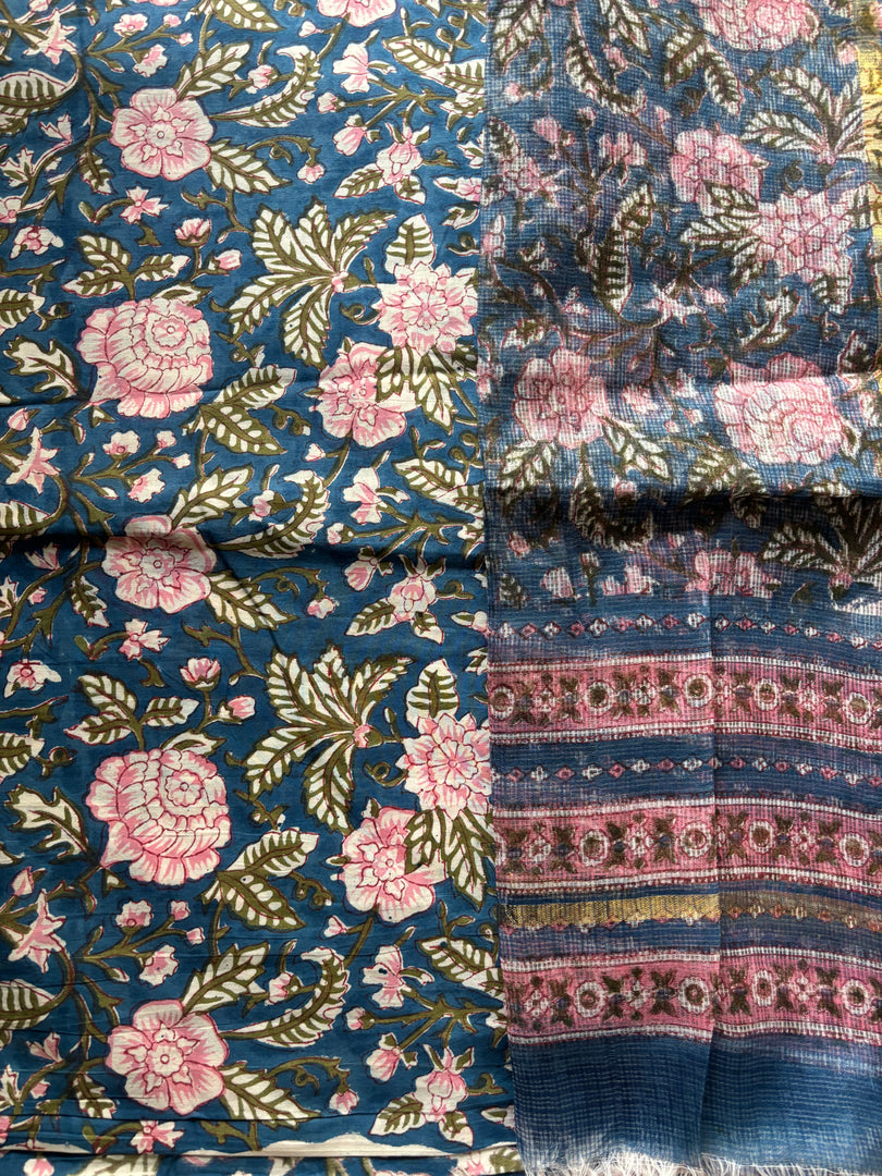 Pure cotton handblock 5 m fabric with Kota Doria dupatta