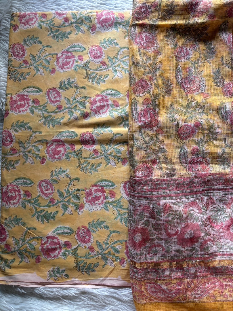 Pure cotton handblock 5 m fabric with Kota Doria dupatta