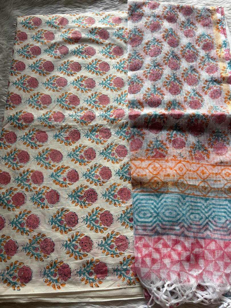 Pure cotton handblock 5 m fabric with Kota Doria dupatta