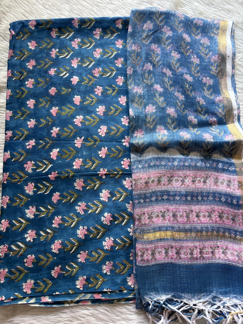 5 m handblock cotton fabric with Kota doria dupatta
