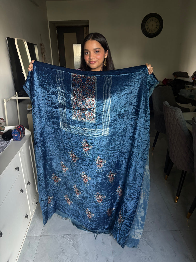 3 m velvet handblocked ajrakh top fabric