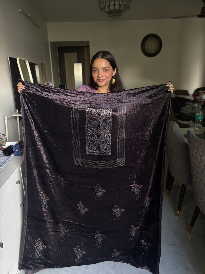 3 m velvet handblocked ajrakh top fabric