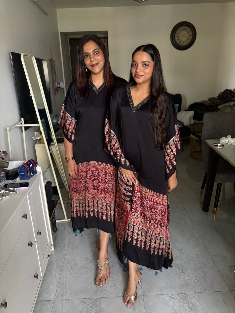 Natural dye modal silk ajrakh kaftan with mirror lace