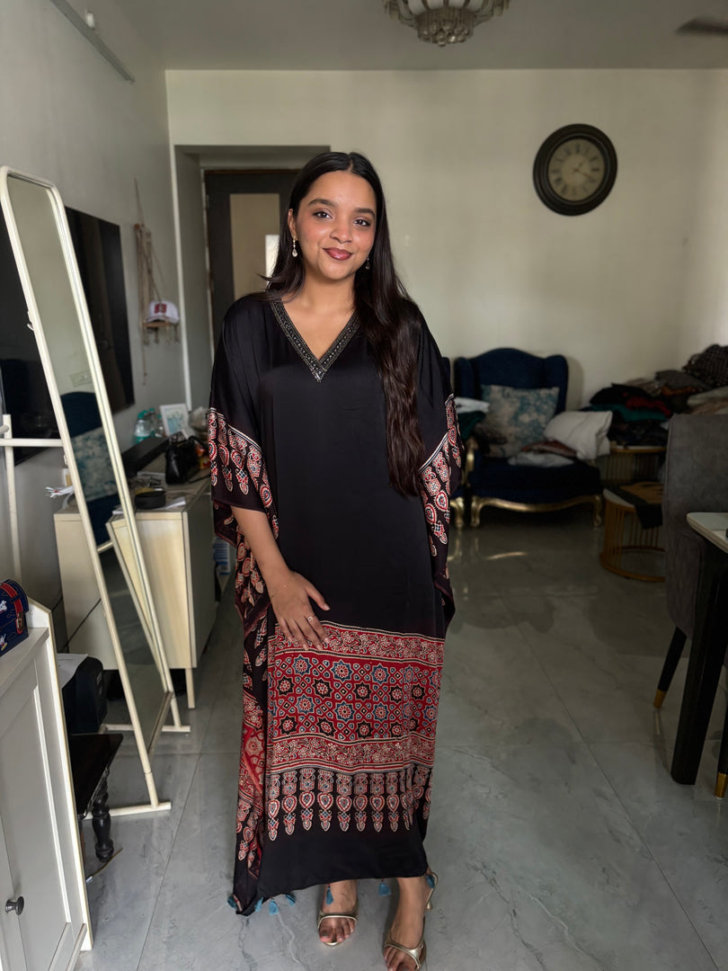Natural dye modal silk ajrakh kaftan with mirror lace