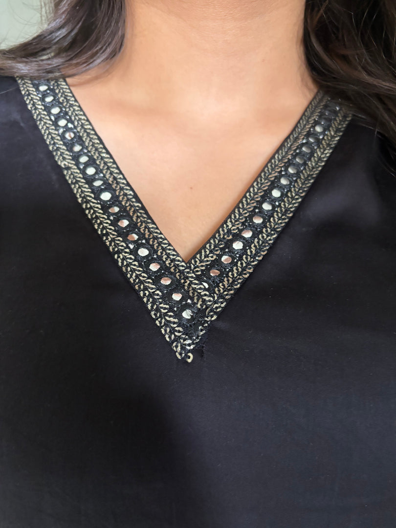Natural dye modal silk ajrakh kaftan with mirror lace