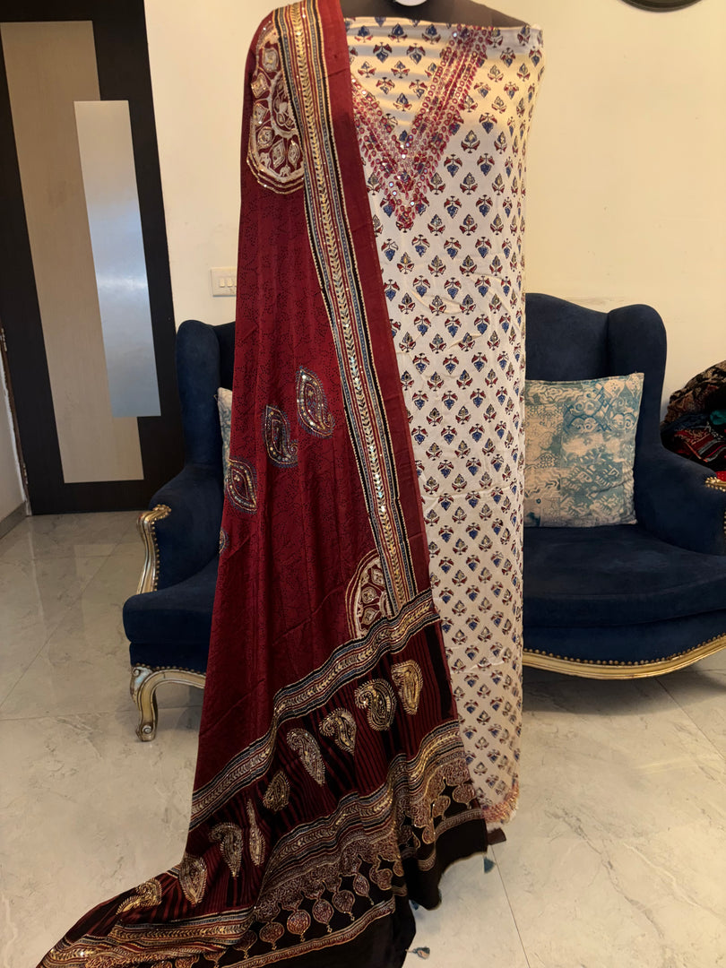 Handworked modal silk ajrakh top and dupatta 2 piece set