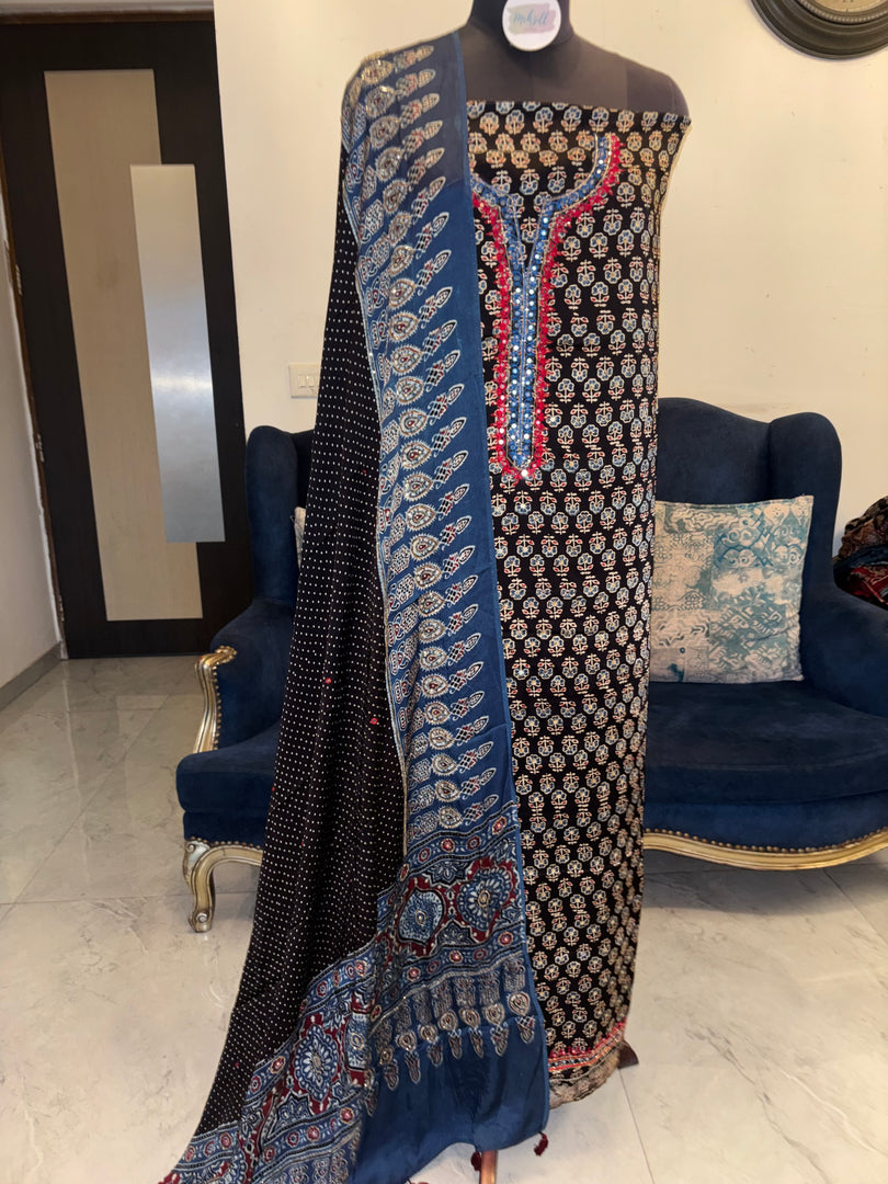 Handworked modal silk ajrakh top and dupatta with tazzels