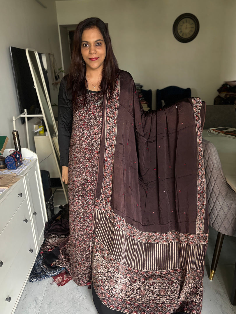Natural dye modal silk ajrakh top with plain modal silk handworked mirror dupatta 2 piece set