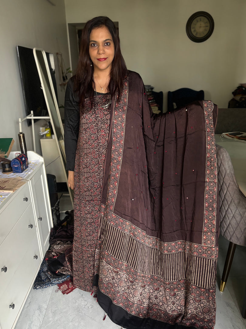 Natural dye modal silk ajrakh top with plain modal silk handworked mirror dupatta 2 piece set