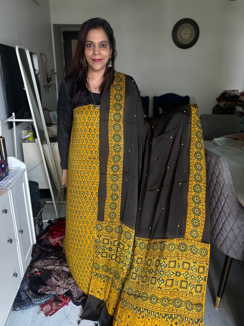 Natural dye modal silk ajrakh top with plain modal silk handworked mirror dupatta 2 piece set