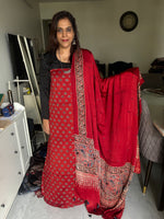 Load image into Gallery viewer, Natural dye modal silk ajrakh top with plain modal silk handworked mirror dupatta 2 piece set
