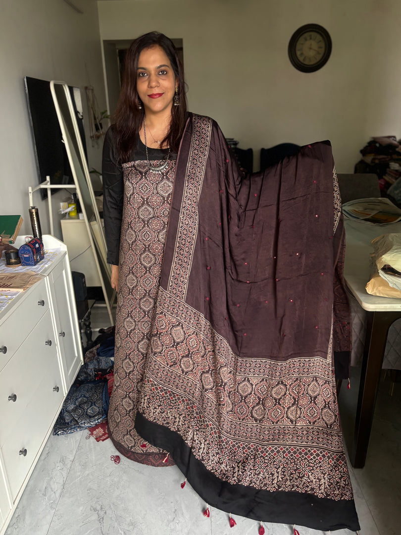 Natural dye modal silk ajrakh top with plain modal silk handworked mirror dupatta 2 piece set