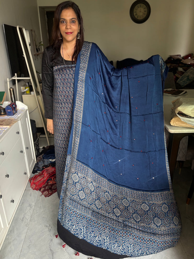 Natural dye modal silk ajrakh top with plain modal silk handworked mirror dupatta 2 piece set