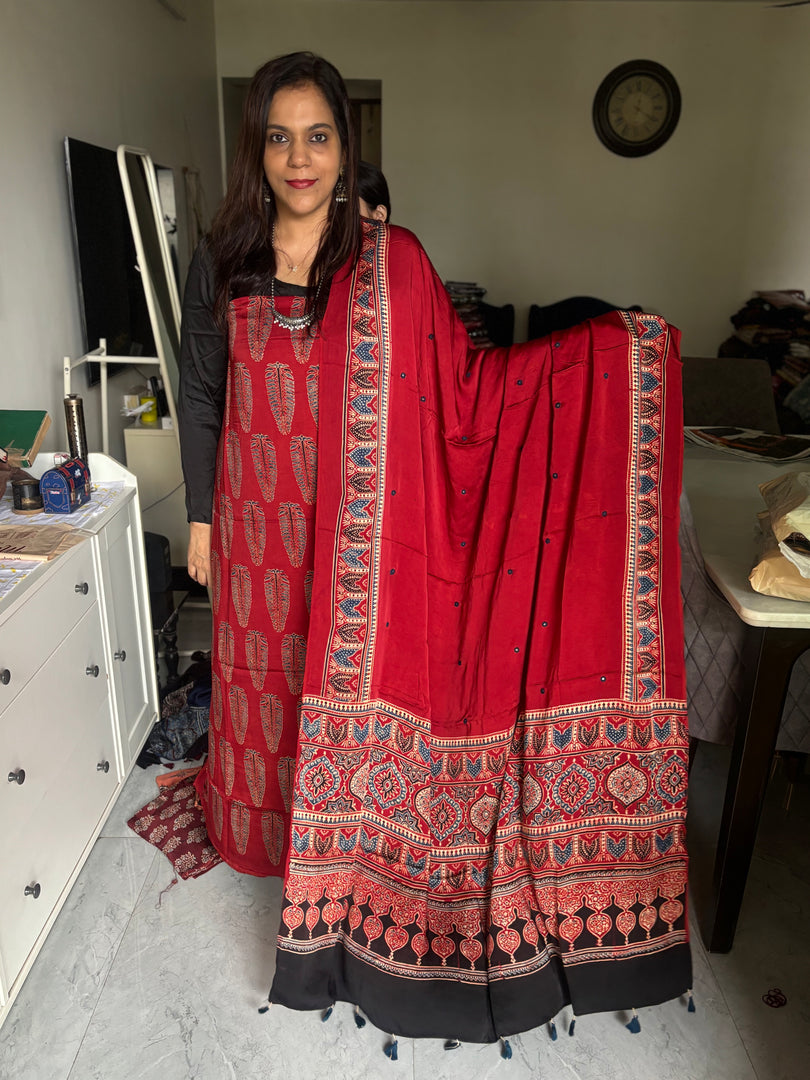 Natural dye modal silk ajrakh top with plain modal silk handworked mirror dupatta 2 piece set