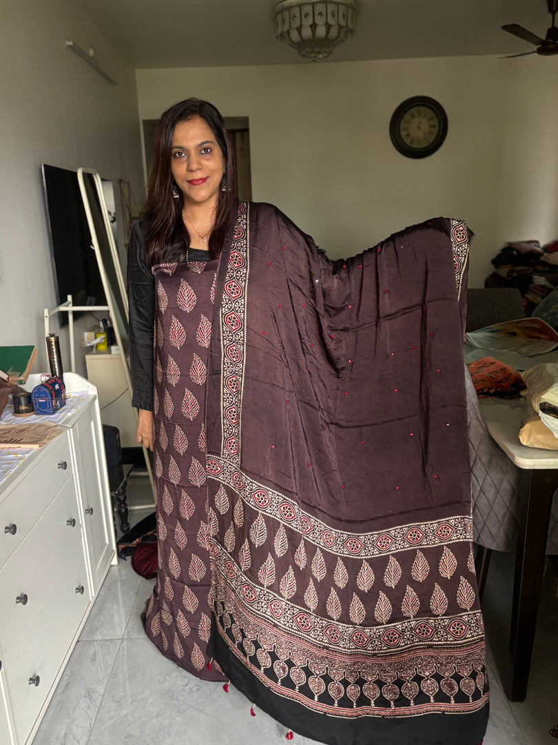 Natural dye modal silk ajrakh top with plain modal silk handworked mirror dupatta 2 piece set