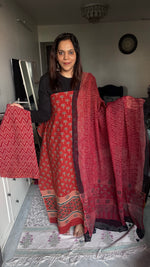 Load image into Gallery viewer, Pure cotton handblock ajrakh top and bottom with ajrakh Kota doria dupatta with tazzels 3 piece set
