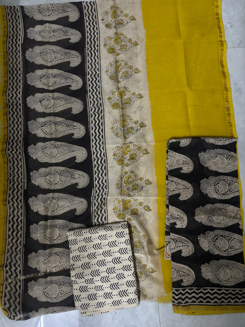 Handblock printed Chanderi top and dupatta with cotton bottom